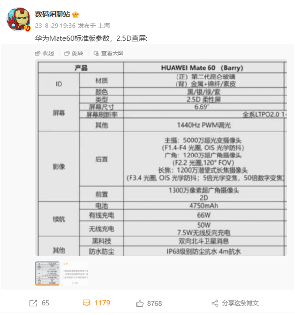 华为Mate 60核心参数首曝！双向北斗卫星消息、可变光圈主摄