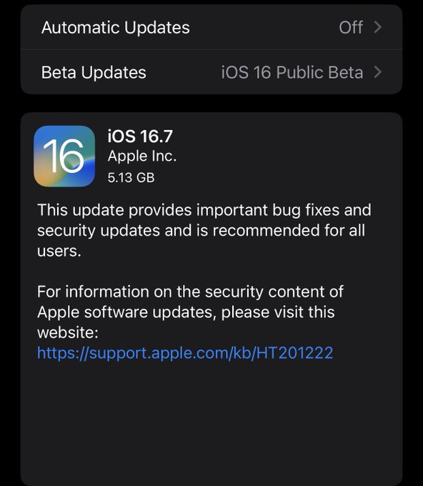 苹果发布 iOS 16.7/iPadOS 16.7 RC 