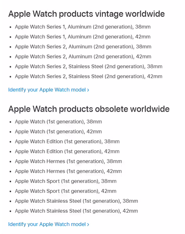 苹果初代 Apple Watch 和 Apple Watch Series 1 被列为过时产品