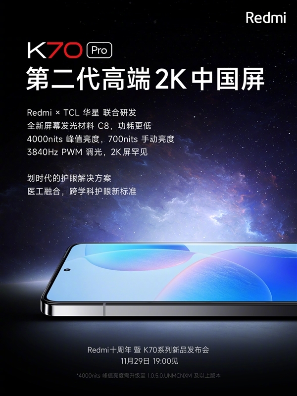 联合权威医院！Redmi K70 Pro首发“青山护眼”：配备3840Hz零调光风险屏