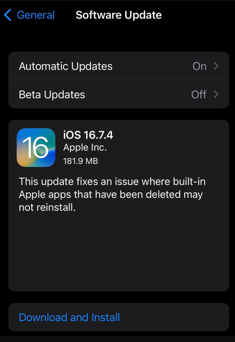 苹果发布 iOS 16.7.4/iPadOS 16.7.4：修复卸载预装应用后无法重新安装问题