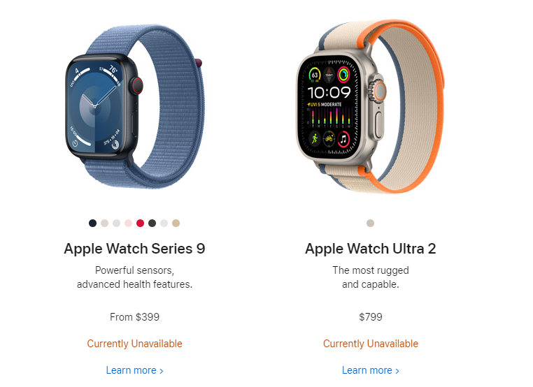 苹果已停止在美国官网销售 Apple Watch Series 9 和 Ultra 2