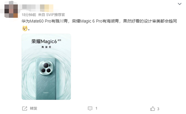 荣耀Magic6海湖青官方首曝！网友：有华为Mate 60雅川青感觉了