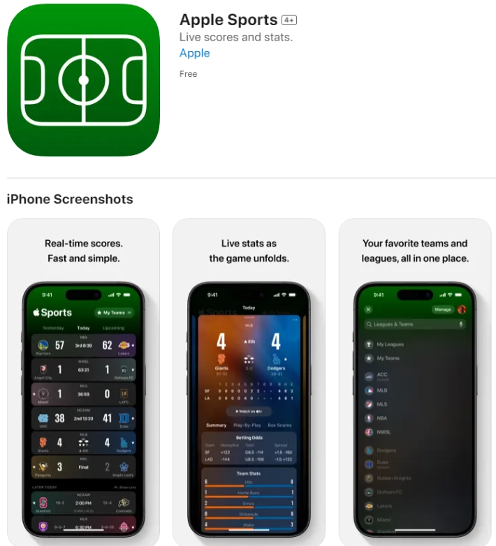 苹果官方推出免费体育赛事应用 Apple Sports