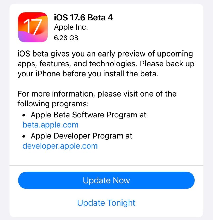 苹果 iOS / iPadOS 17.6 开发者预览版 Beta 4 发布