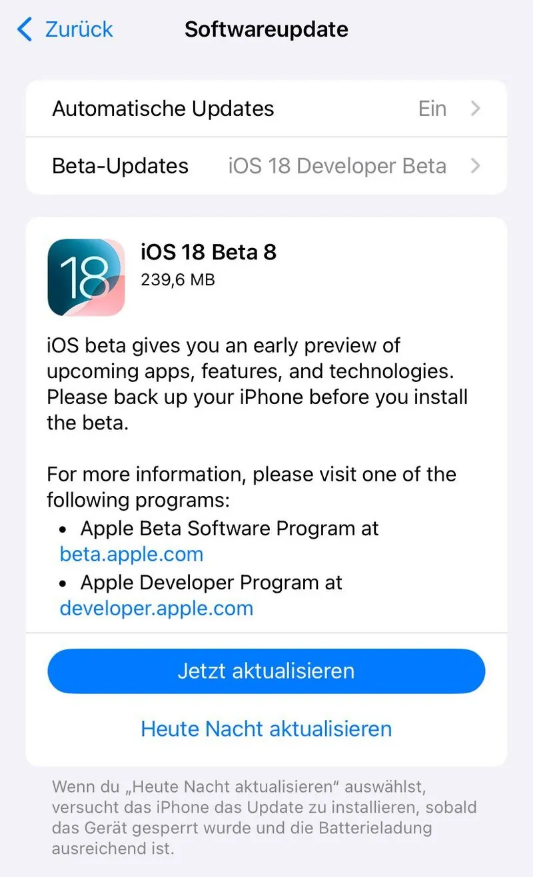 苹果 iOS / iPadOS 18 开发者预览版 Beta 8 发布