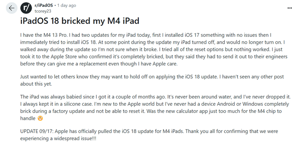 苹果iPadOS 18更新翻车！M4版iPad Pro升级黑屏变砖