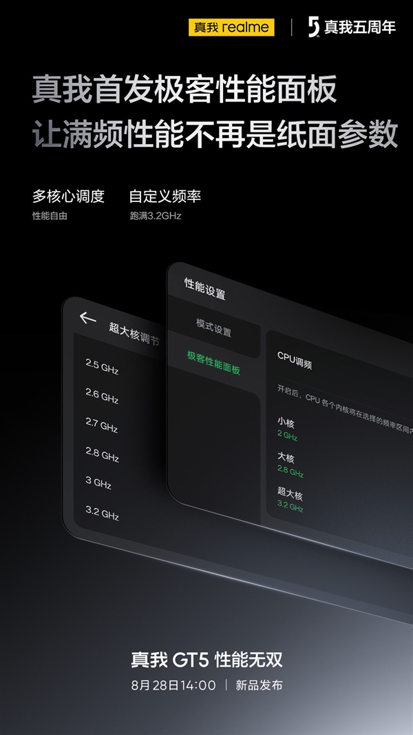 真我GT5首发极客性能面板：骁龙8 Gen2 3.2GHz终于跑满了