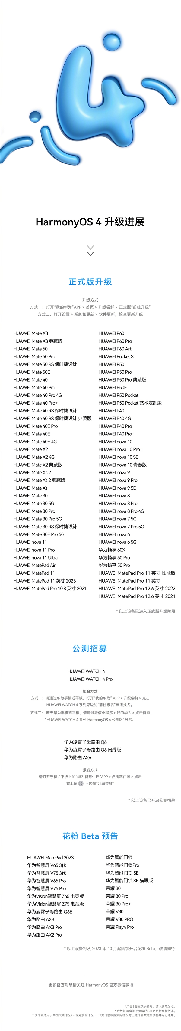 有你的吗？华为P60/Mate50系列等近百款机型推送HarmonyOS 4正式版