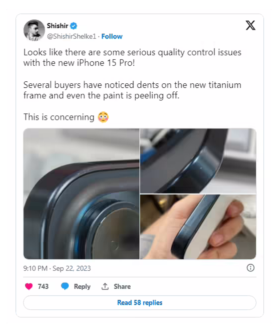 用户反馈：苹果 iPhone 15 Pro 开箱就存在掉漆等问题