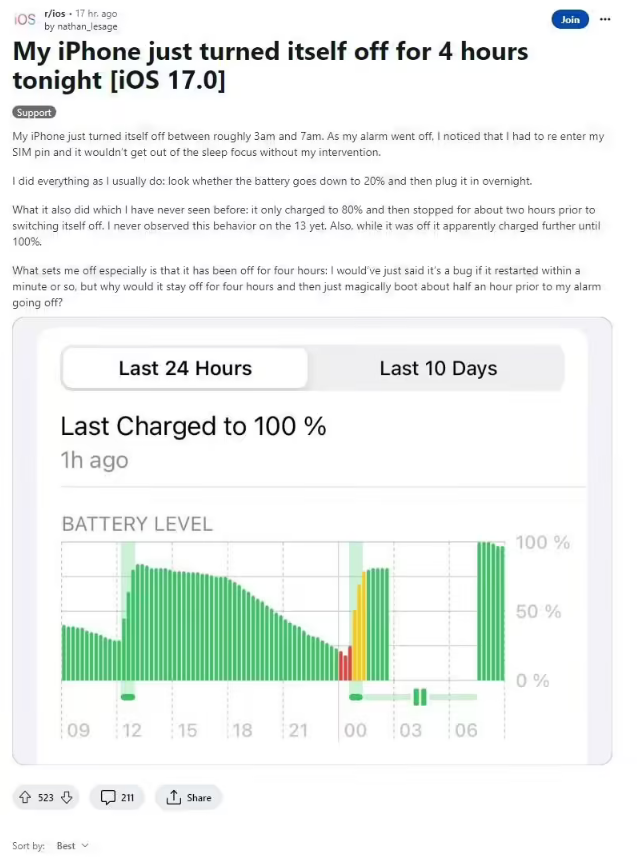 苹果用户反馈：iPhone 会在夜间自动关机，即便处于充电状态