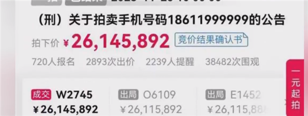 尾号6个9手机号拍出2614万天价 起拍价仅100元：网友炸锅这买来能干啥