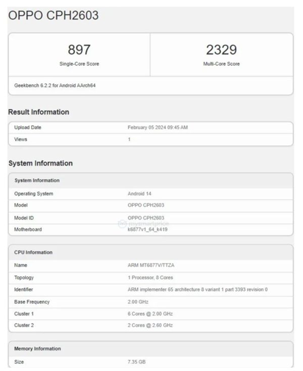 OPPO Reno11 F现身Geekbench：搭载天玑7050