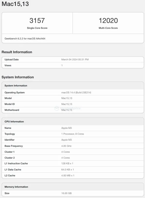 2024 新款苹果 MacBook Air 跑分出炉