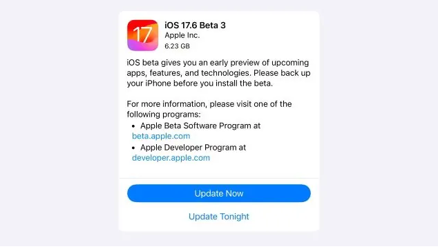 苹果 iOS / iPadOS 17.6 开发者预览版 Beta 3 发布