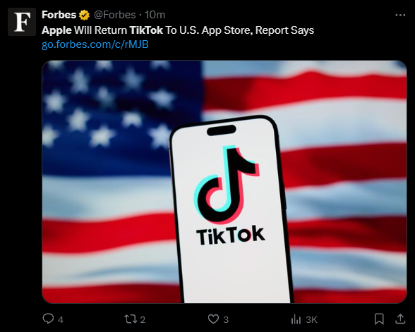 美国苹果App Store将重新上架TikTok 不卖就禁用法律获75天宽限期