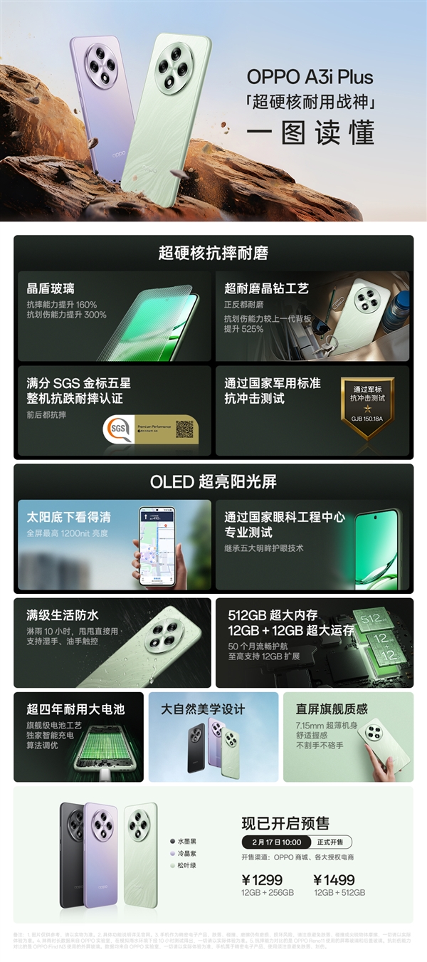 OPPO A3i Plus正式发布：同档最耐摔的直屏手机 1299元起