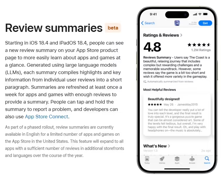 苹果 iOS 18.4 Beta 测试版为 App Store 引入 AI 评论摘要功能，年内扩展至更多语言及地区